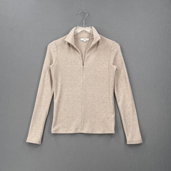 VINCE Ribbed Half Zip Turtleneck Long Sleeve Top Womens Small Tan Stretch Knit - Picture 4 of 16